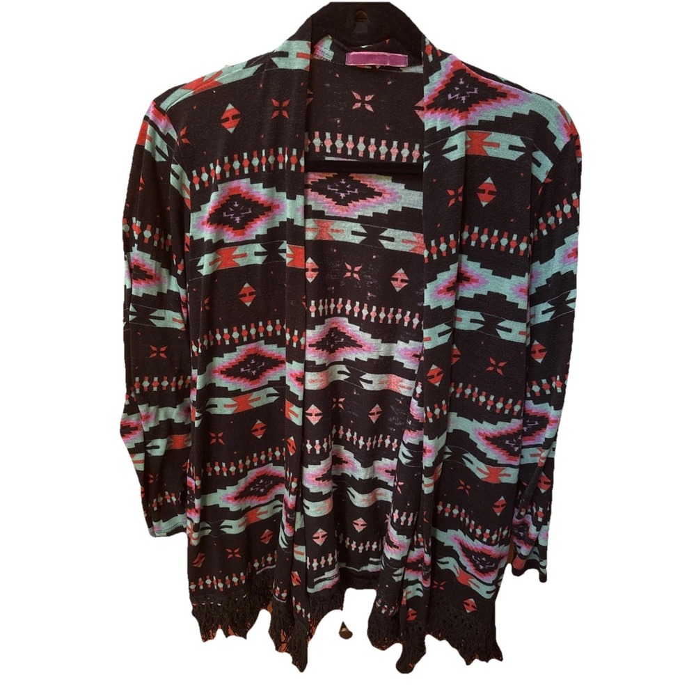 Black Aztec Print Knit Cardigan Womens Sweater Boho Chic Size M Festival